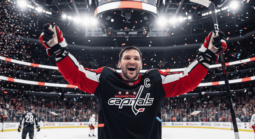 Alex Ovechkin smiling after scoring hat trick goal