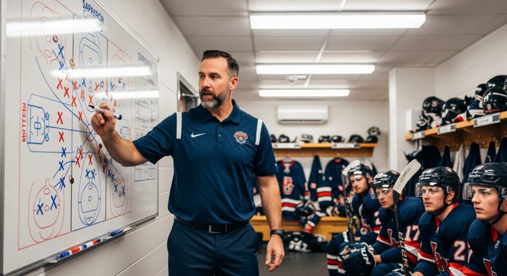 Hockey coach explaining plays on whiteboard