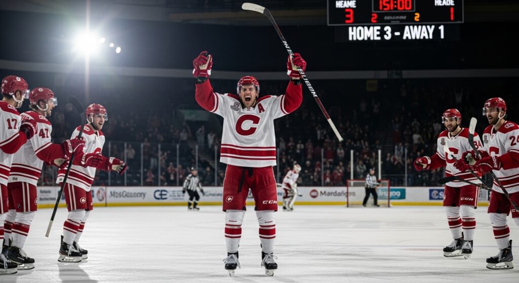Hockey player celebrates hat trick goal in front of crowd throwing hats