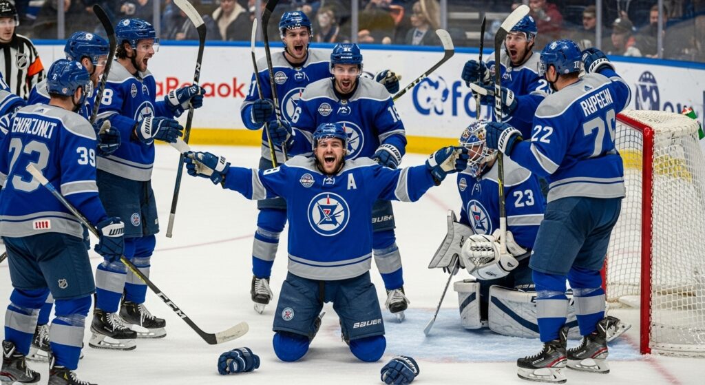 Hockey players celebrate goal on ice