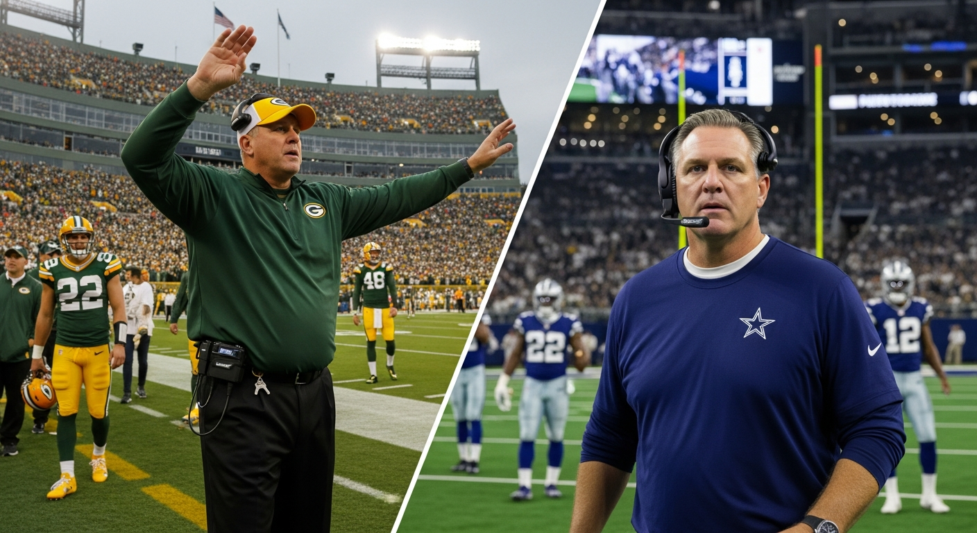 A split-image collage: McCarthy with the Packers on one side and Cowboys on the other