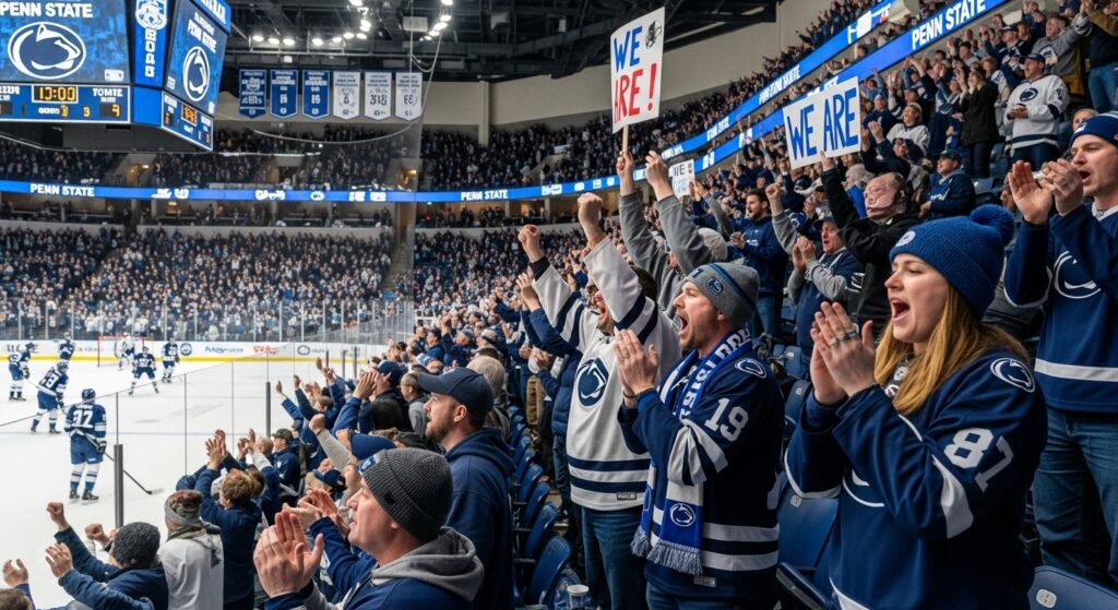 Pegula Ice Arena crowd cheering at Penn State hockey home game