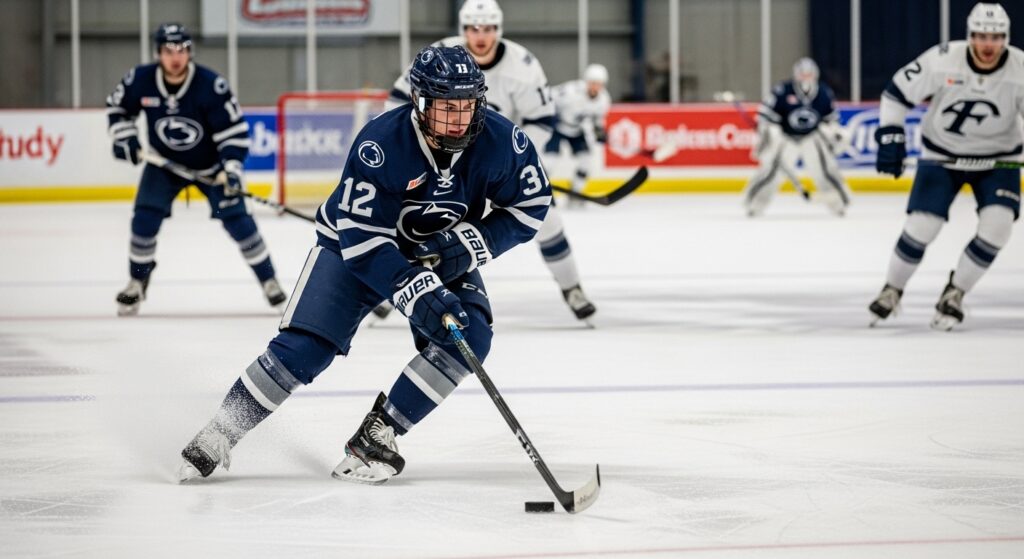 Penn State defenseman skating puck out of defensive zone during penalty kill