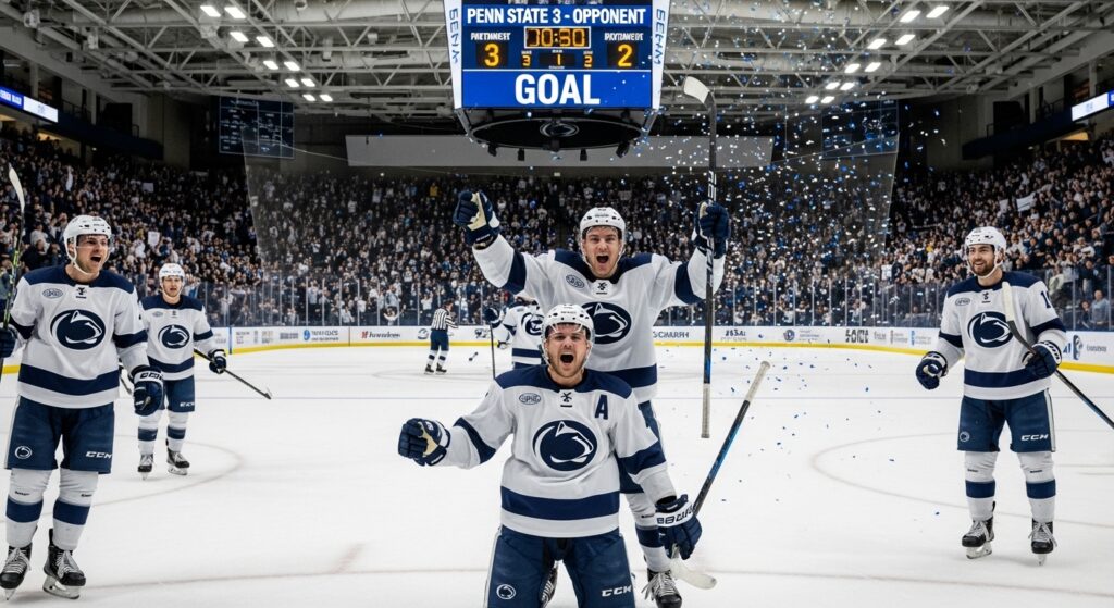 Penn State hockey players celebrating during home game at Pegula Ice Arena