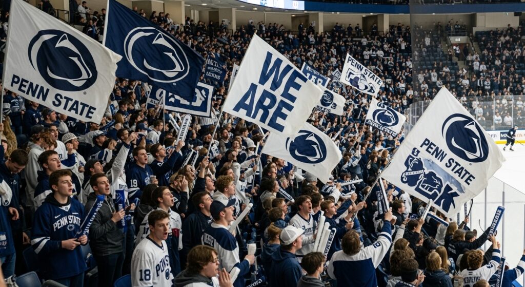 Penn State hockey student section waving flags during Big Ten game