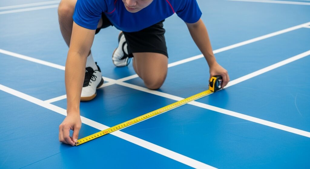 Player marking a badminton court floor measuring tape