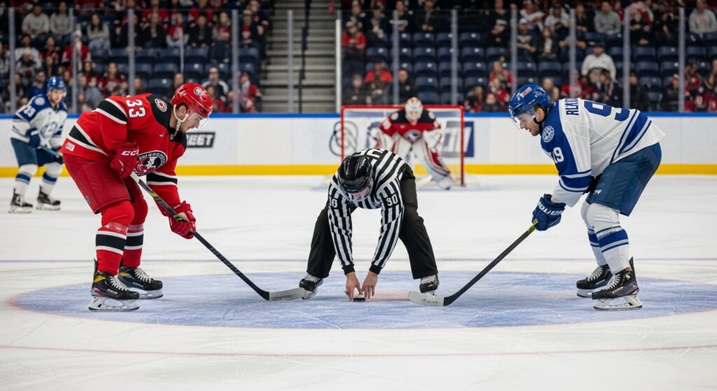 Referee dropping puck for faceoff in ice hockey game