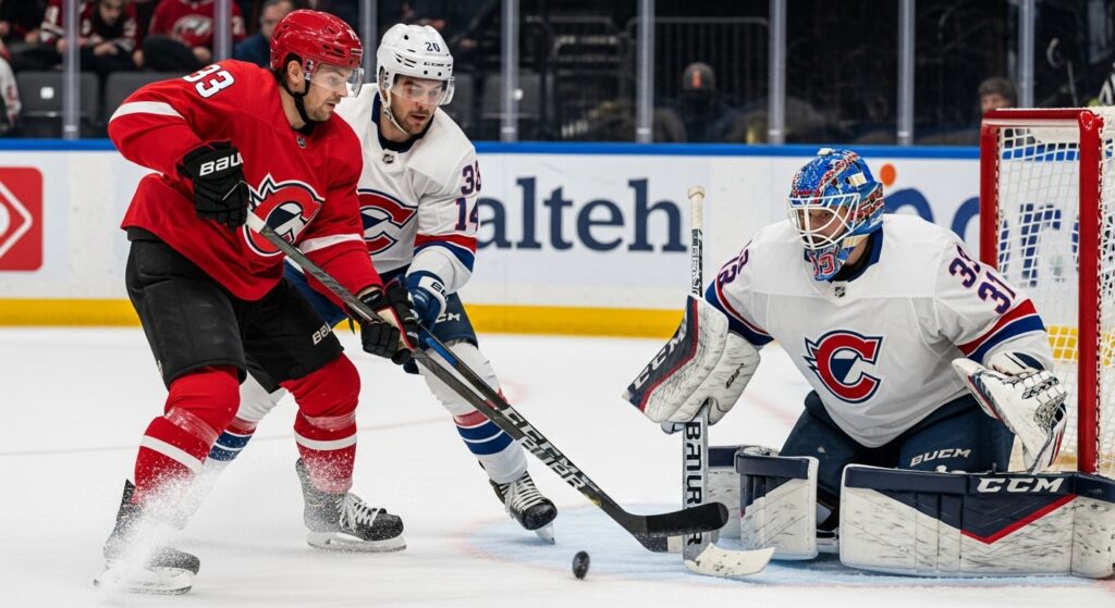 Two hockey players during a power play with goalie focused