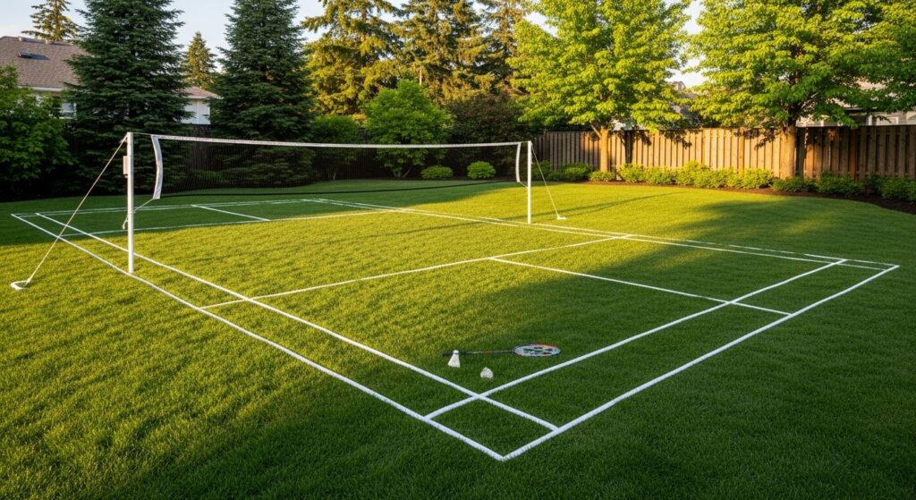 backyard badminton court setup on grass with rope lines