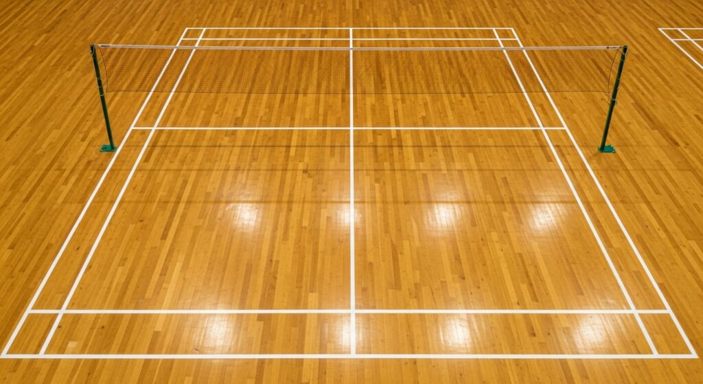 badminton court lines on wooden flooring