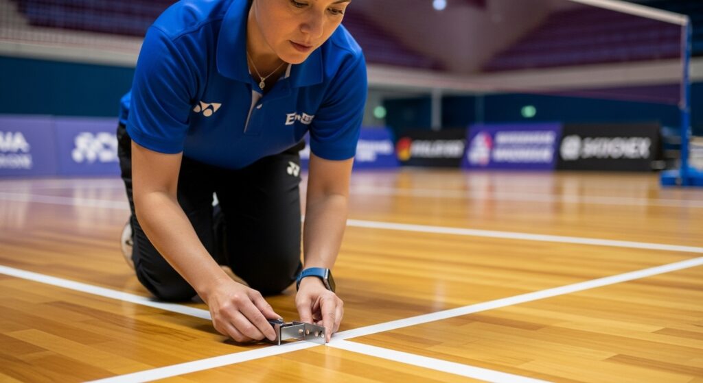 badminton referee inspecting court boundary line