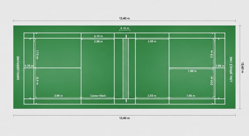 official badminton court layout top view with size markings