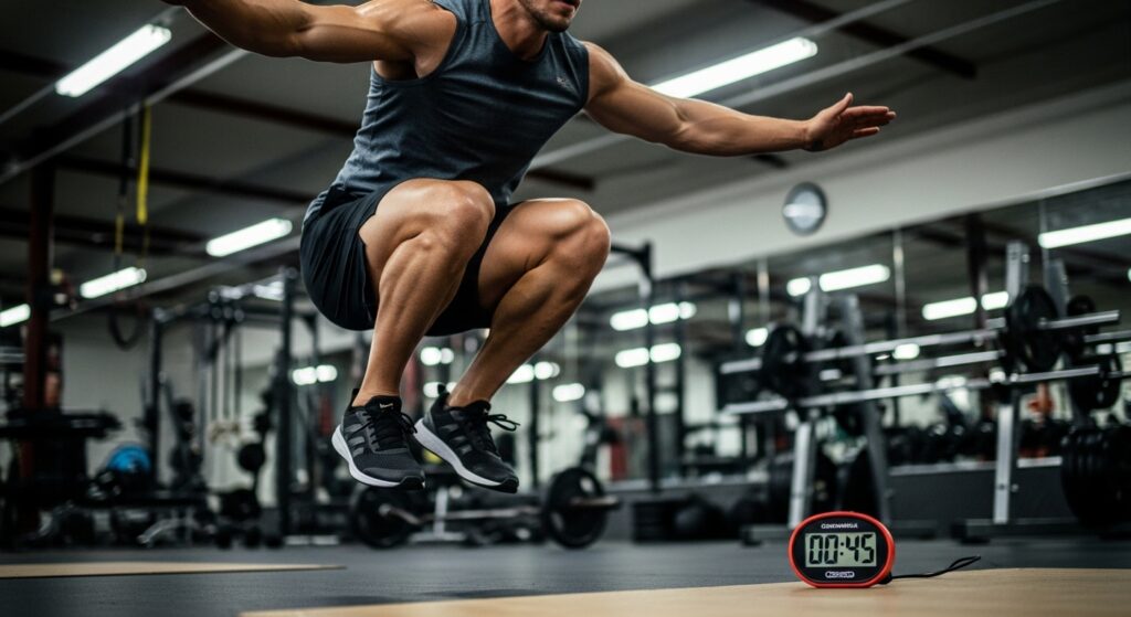 person tracking burpee broad jump workout on timer