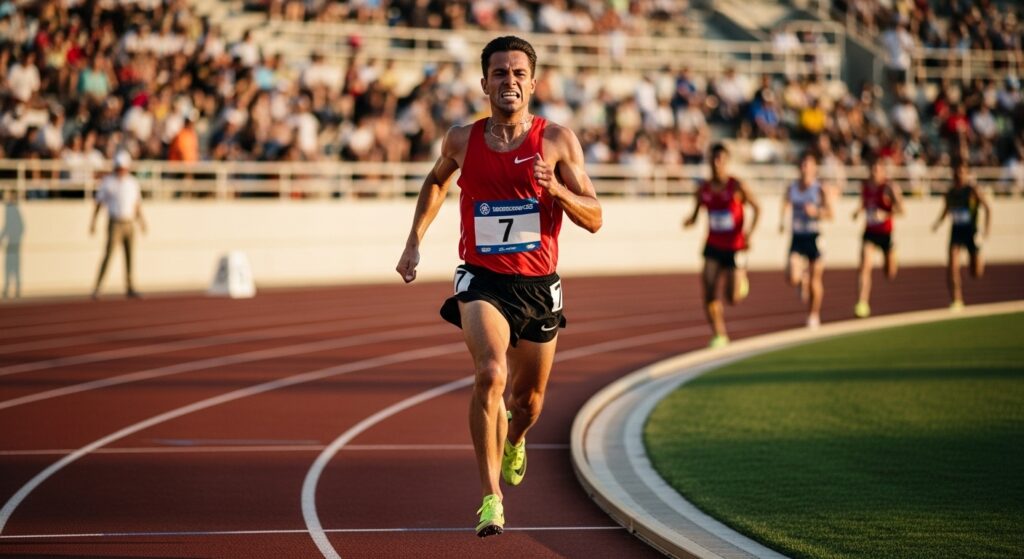 runner sprinting on curve during 1500m race