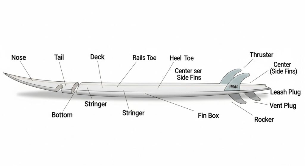 surfboard parts labeled diagram